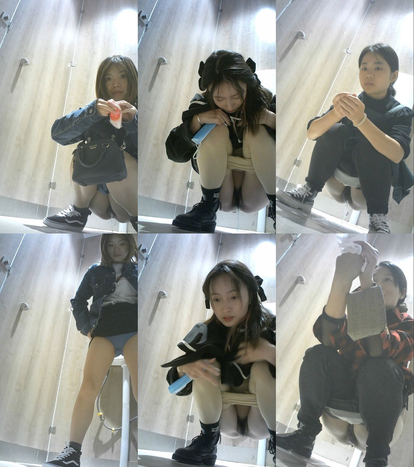 [精选经典CP]高清全景逼脸同框偸拍多位美眉方便，牛仔服美女蓝色内内湿了一块是什么情况