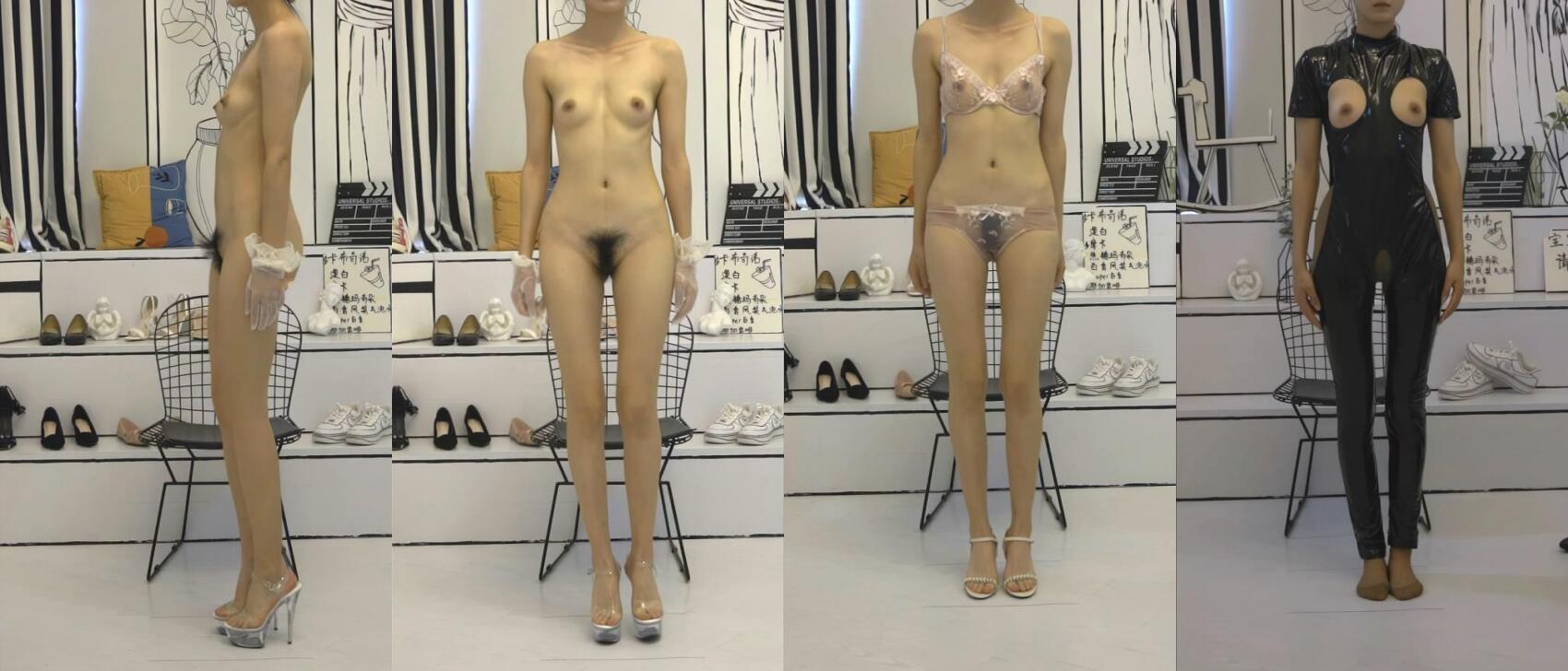 ⚫️⚫️⚫️身材很哇塞的淘宝女店主为了节省开销自己充当模特，全方位360度全裸展示情趣内衣鞋子衣服，阴毛浓密又长还往上翘