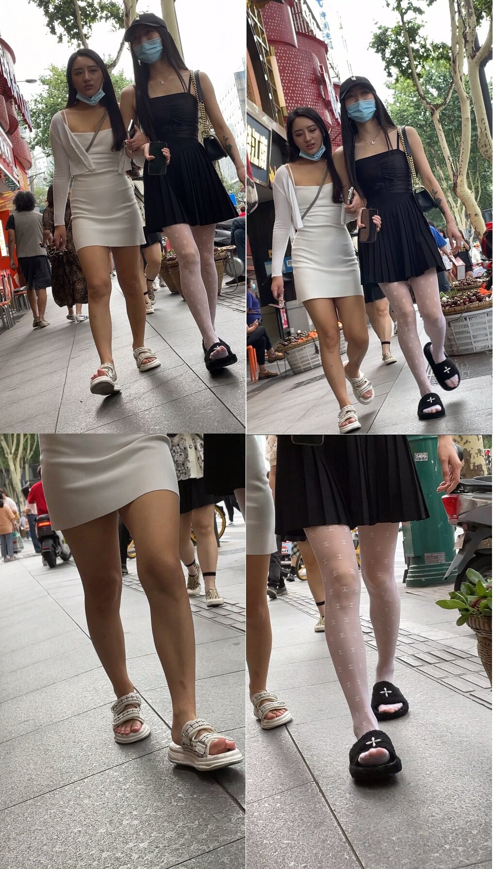 √黑色连体裙子白丝袜小姐姐和白色包臀裙姐妹逛街 一个没穿内内 若隐若现 一起CD