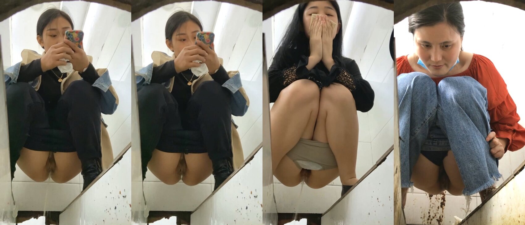 《屎上最强㊙️厕拍》逆天坑神不知用什么做的掩护，街边公用传统旱厕逼脸同框偸拍多位小姐姐方便，美女擦逼紧闭双眼很销魂