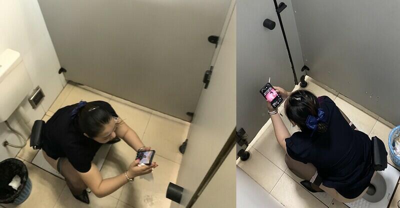 《隔墙有眼》玩手机的酒店高跟黑丝美女服务员边（拉大号）边吸烟