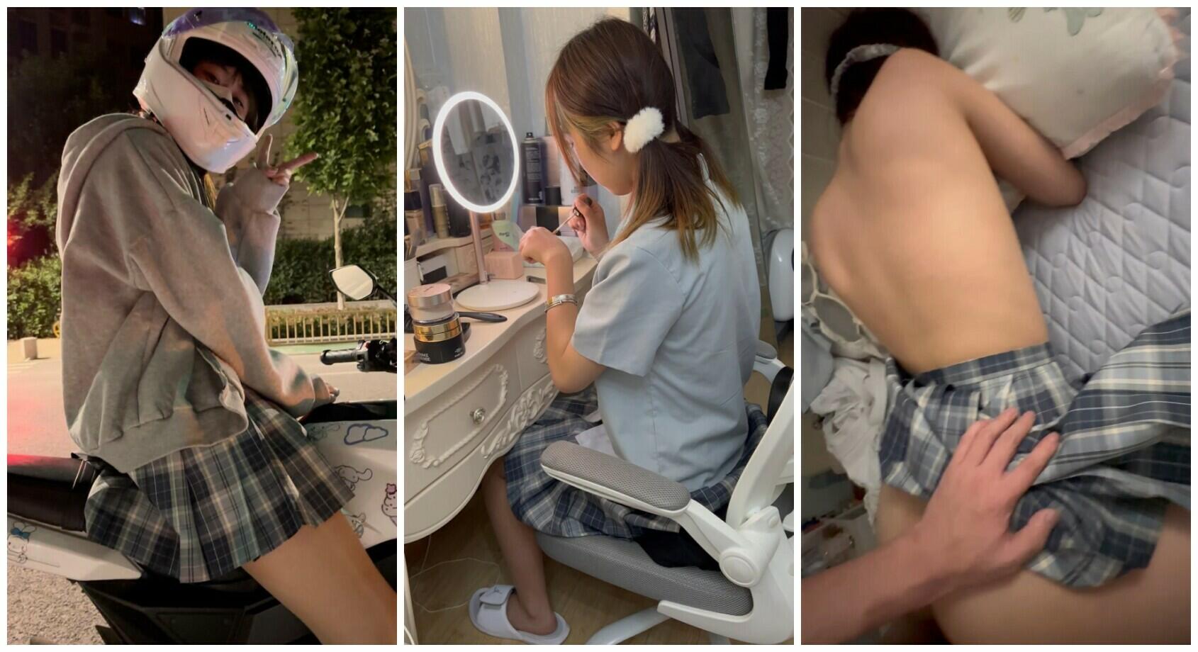 黄发少年遇到穿❤️蓝色JK制服的抖音机车小网红刘XX,假装是她粉丝套近乎,咖啡下药迷晕后强上