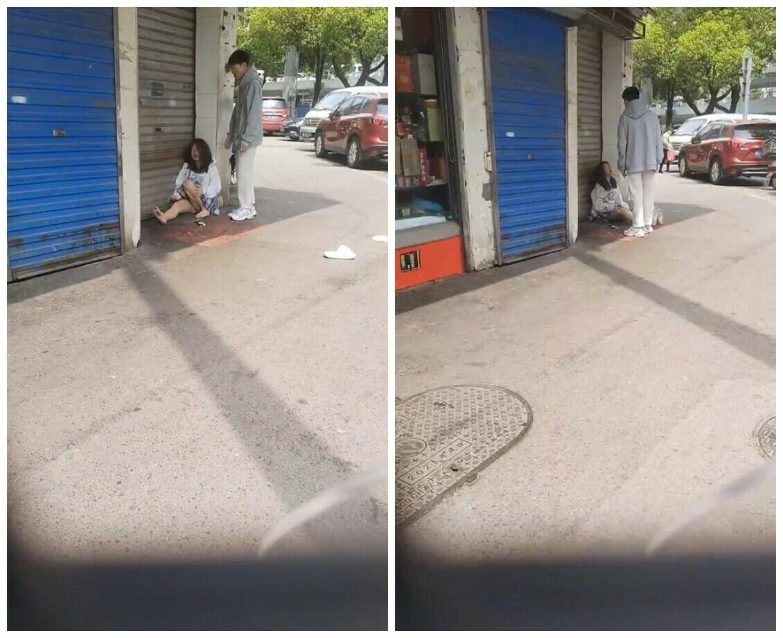 吃瓜-JK妹子得知自己男友出轨自己最好的闺蜜后，在大街上当着男友面大哭大闹,用头撞墙,脱光衣服竭撕底里大叫