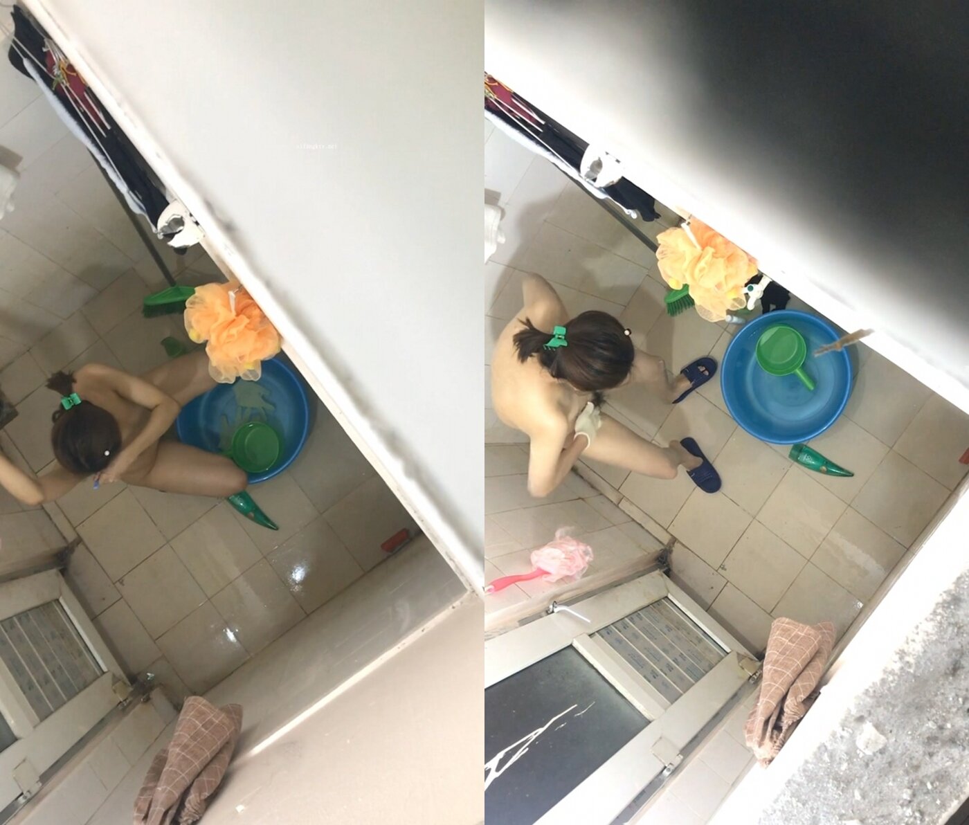 《贵在真实☀️极限偸拍》纯上帝视角冒死偸窥出租房邻居小姐姐用大盆水舀子洗澡，身材不错，还自娱自乐最后还把自己说笑了