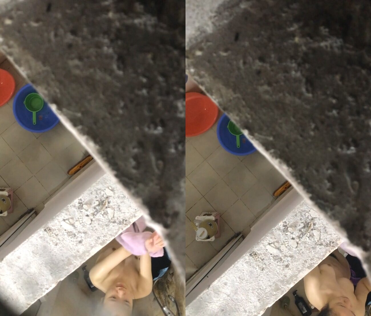 《贵在真实☀️极限偸拍》尝到甜头又来一次！纯上帝视角冒险趴屋顶偸窥出租房邻居小姐姐用大盆水舀子洗澡，身材真不错皮肤白嫩